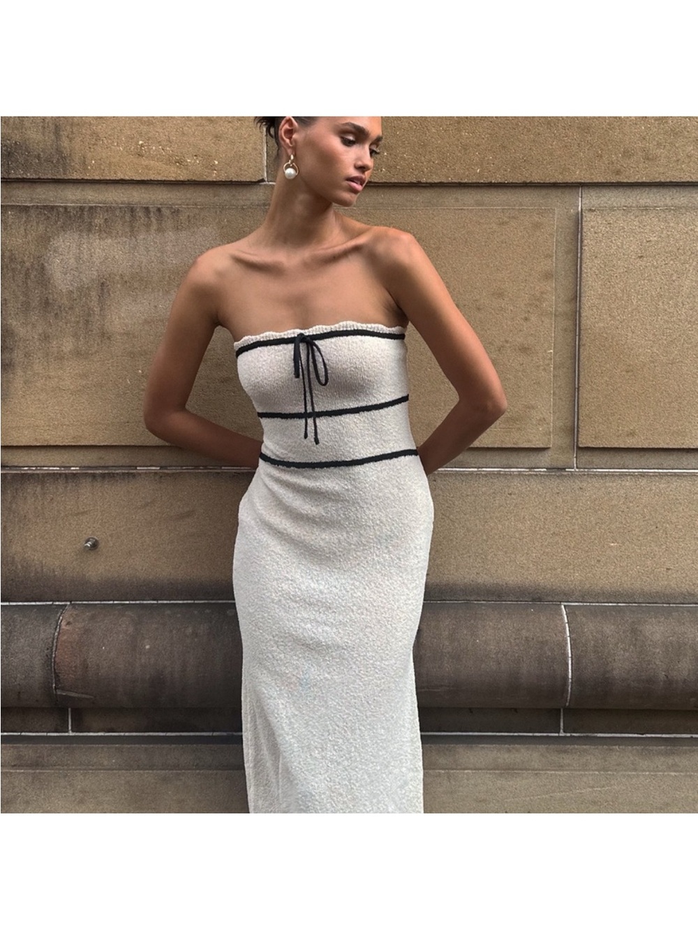 Meshki Strapless Cream Knit Maxi Dress with Black Trim and Bow